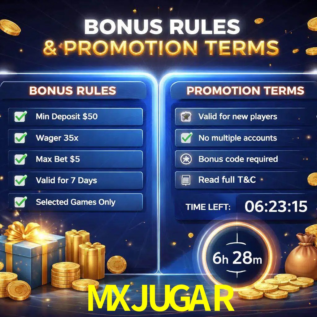 Reglas de promoción MXJUGAR y condiciones de bonos explicadas visualmente