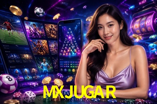 Una escena digital vívida inspirada en casino con MXJUGAR mostrado prominentemente, luces brillantes, fichas, cartas y acentos dorados.