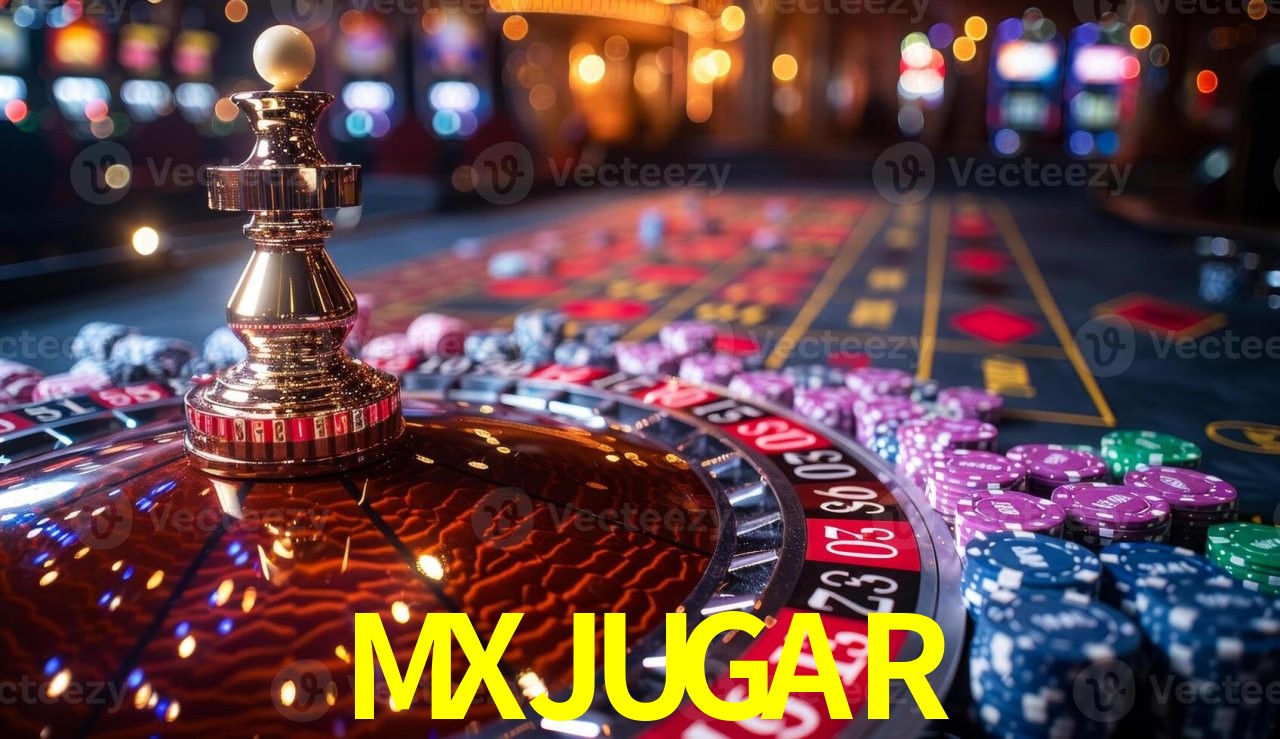 Escena dinámica inspirada en casino con iluminación MXJUGAR, cartas, fichas e íconos de juegos digitales en un espacio moderno de juegos.