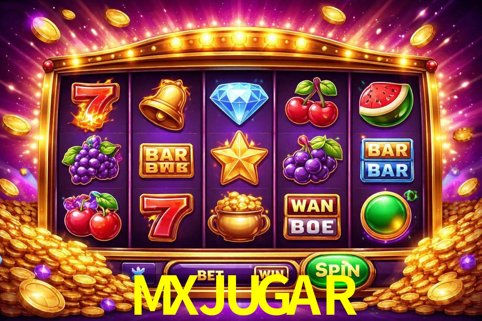 Una interfaz colorida de tragamonedas en línea con símbolos brillantes, monedas y un efecto de victoria celebratoria en MXJUGAR.