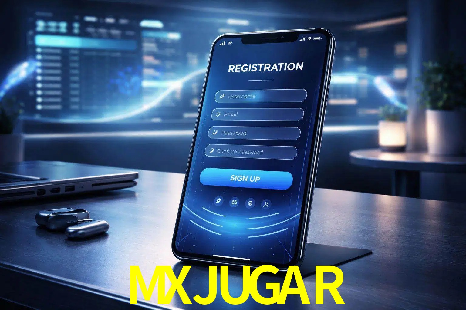 Una interfaz moderna de registro móvil para MXJUGAR mostrada en un smartphone con un panel de apuestas elegante.
